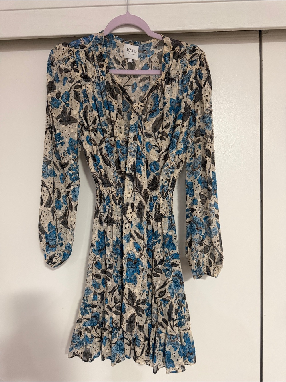 Misa Los Angeles Blue and Cream Floral Long-Sleeve Dress